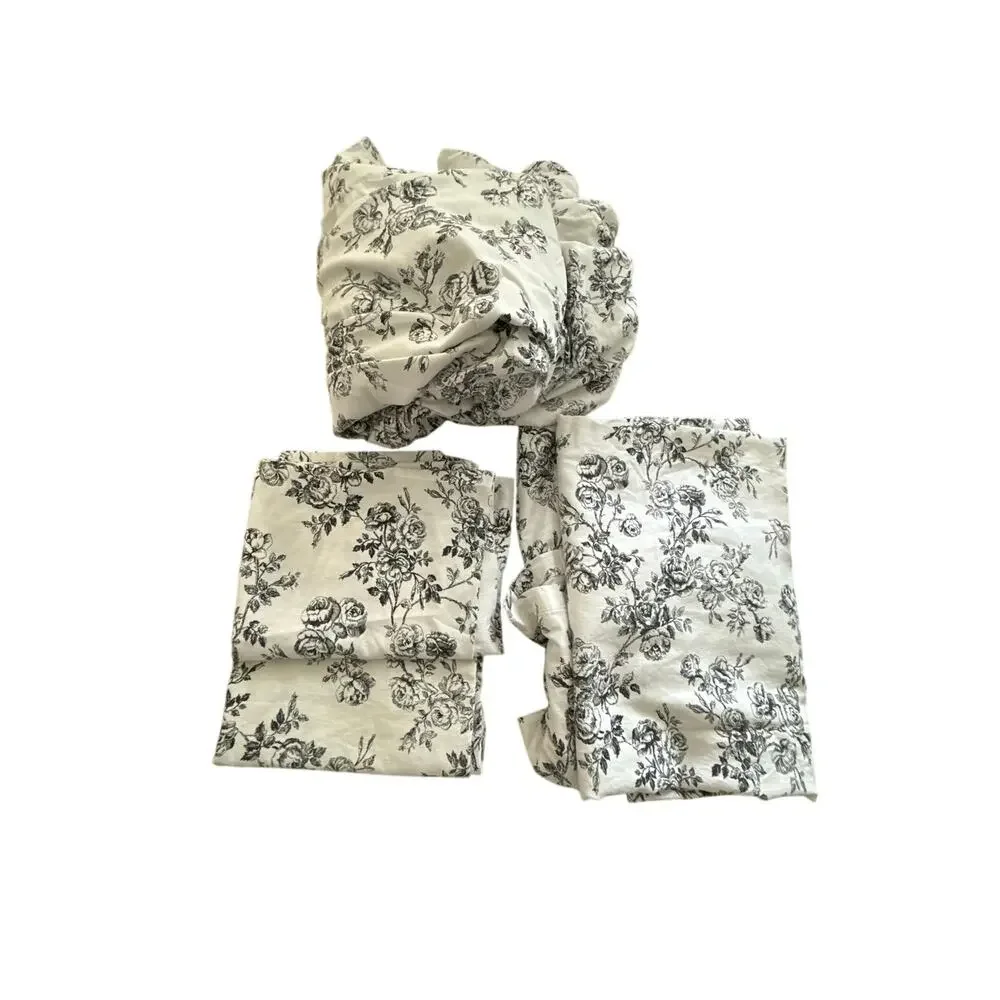 Ralph Lauren Cottage Hill Queen 4-Piece Sheet Set Black White Roses Cotton